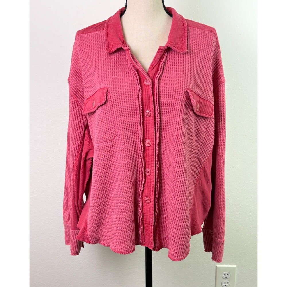 Dear John Foster Thermal Shirt Waffle Knit Oversized Coral Pink Medium Casual